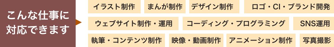こんな仕事に対応できます: イラスト制作, まんが制作, デザイン制作, ロゴ・CI・ブランド開発, ウェブサイト制作・運用, コーディング・プログラミング, SNS運用, 執筆・コンテンツ制作, 映像・動画制作, アニメーション制作, 写真撮影